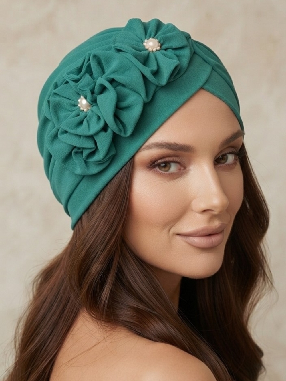 Emerald Green Turban Pearl 3D Flower Teal Floral Pearl Turban Hat for Women